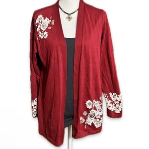 Charter Club Deep Red Cardigan with Floral Embroidery Gently Used